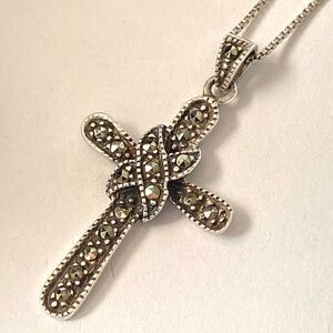 Vintage Sterling Silver 925 Cross Marcasites Pendant Necklace